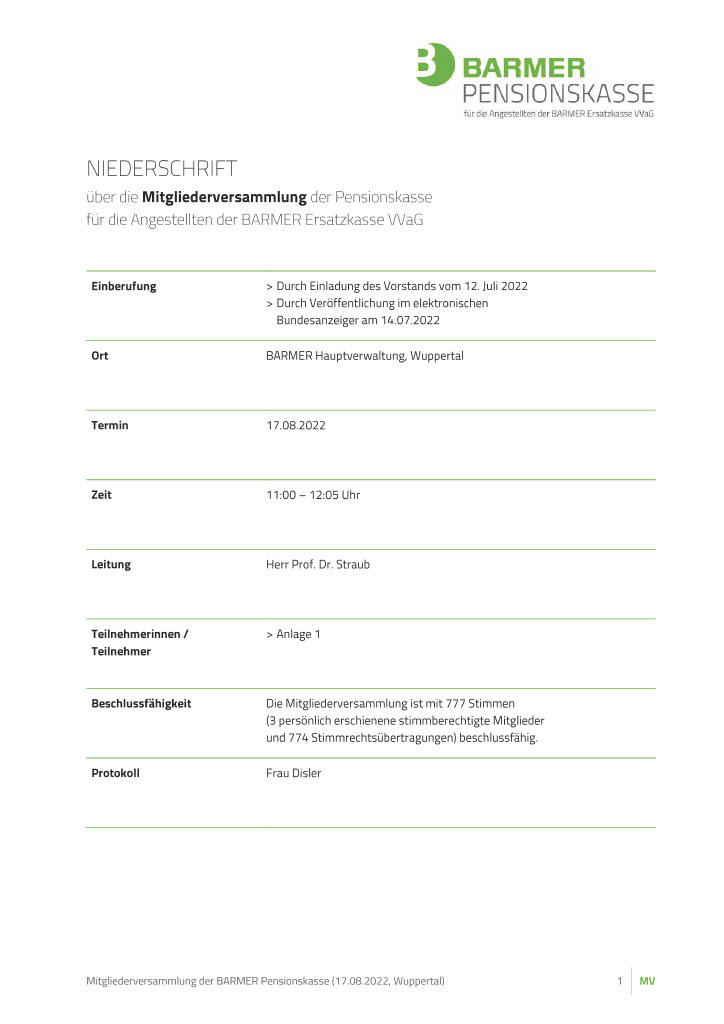 Niederschrift Vertreterversammlung